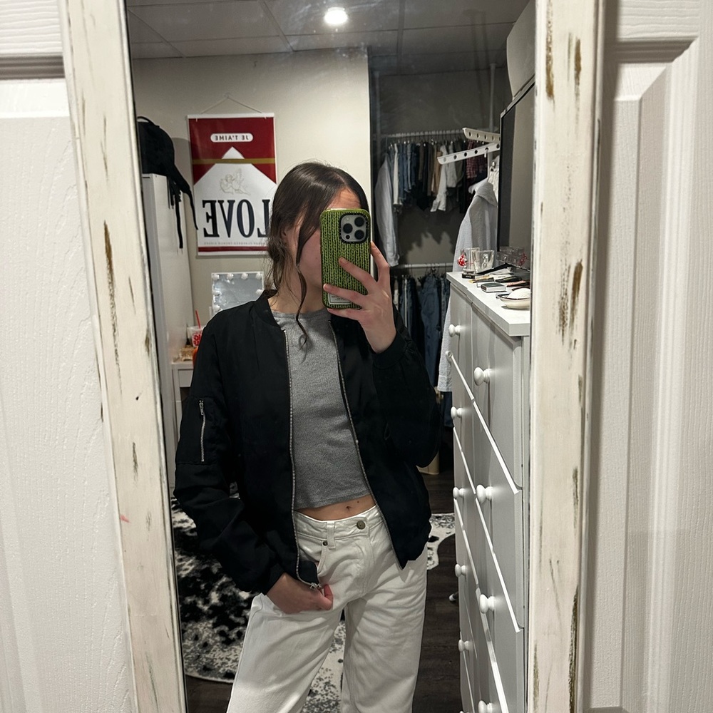 Black Bomber Jacket, Silver Zipper